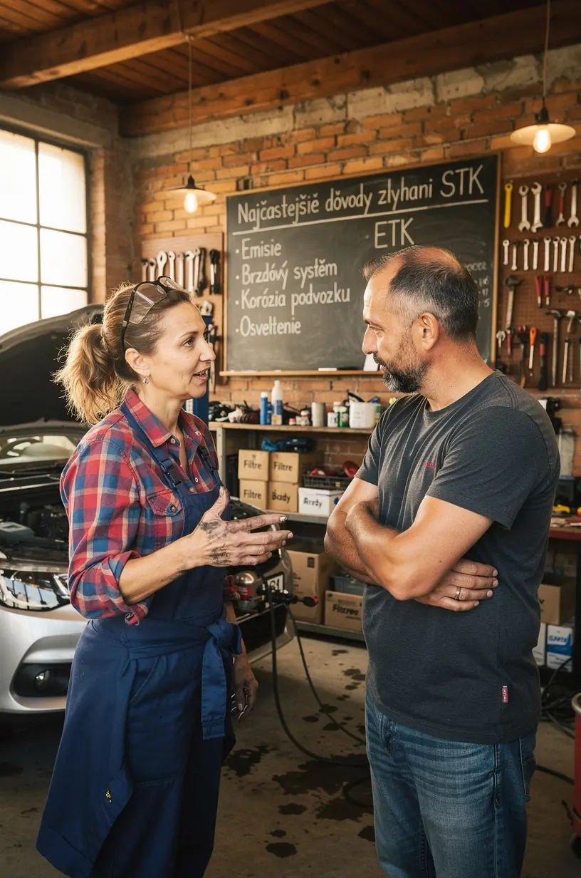 Mechanik kontrolujúci emisie výfukových plynov auta pred STK na diagnostickom prístroji v autoservise.