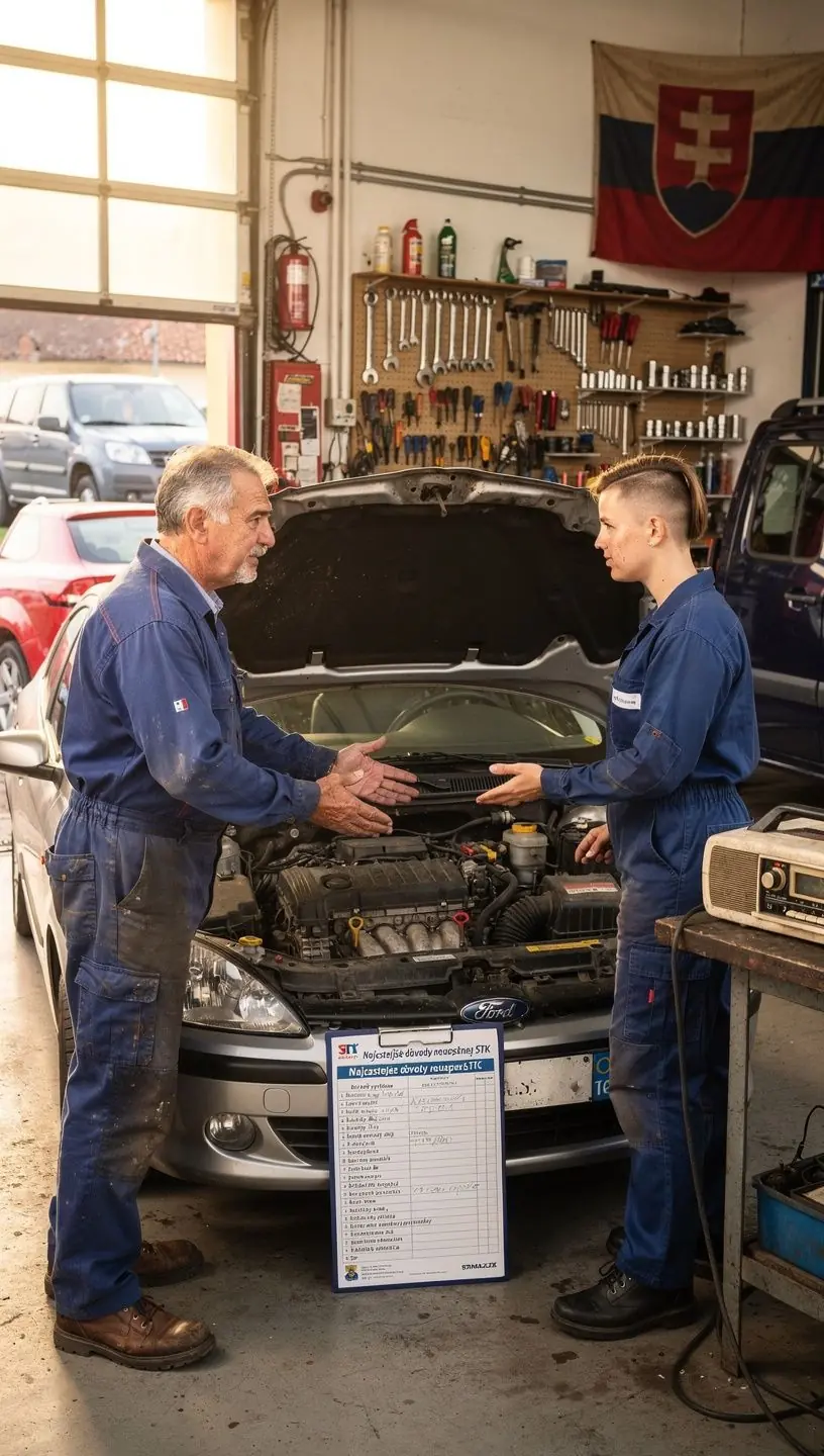 Autoservisný technik vykonávajúci vizuálnu kontrolu bŕzd a svetiel na osobnom vozidle pred STK.